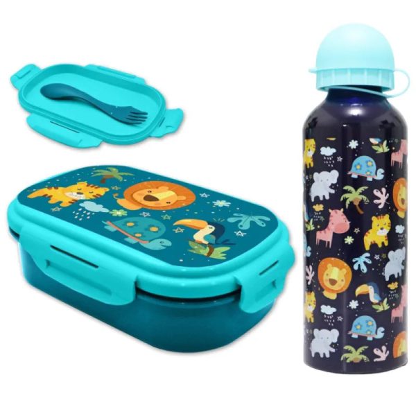 Jungle Friends 3 tlg Kinder Lunch Set Brotdose Alu Trinkflasche 500 ml Göffel Rabatt – Bild 5