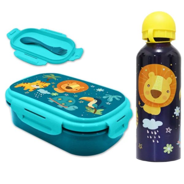 Jungle Friends 3 tlg Kinder Lunch Set Brotdose Alu Trinkflasche 500 ml Göffel Rabatt