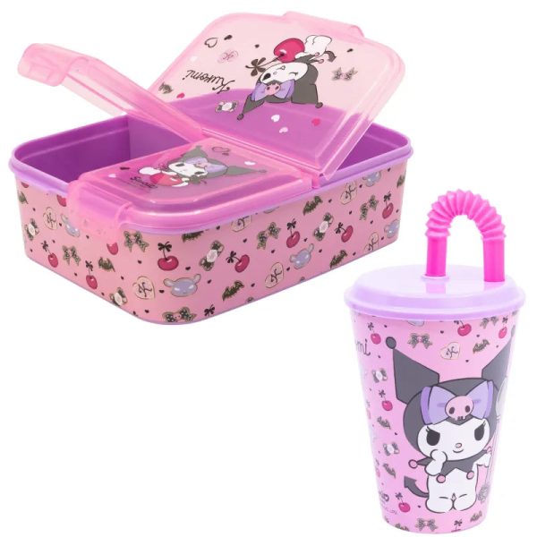 Kuromi Sanrio 2 tlg. Lunch Set Brotdose mit 3 Kammern Halm Trinkbecher 430 ml Rabatt